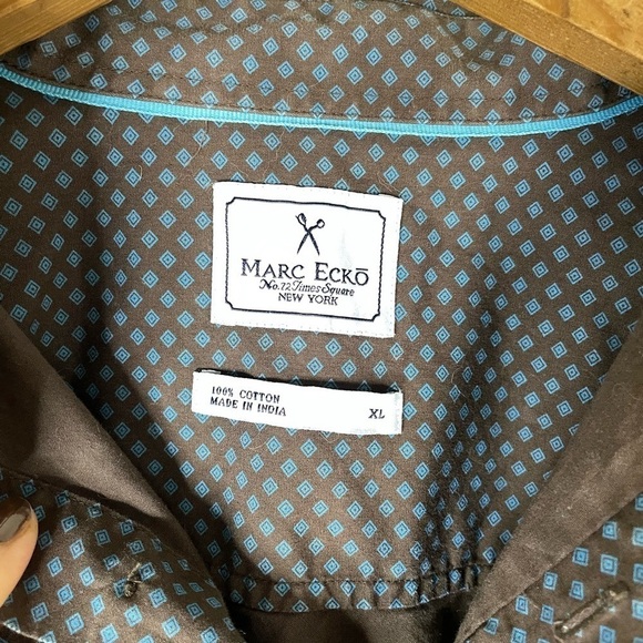 Marc Ecko Brown Turquoise Diamond Print Cotton Button Down - Picture 3 of 5